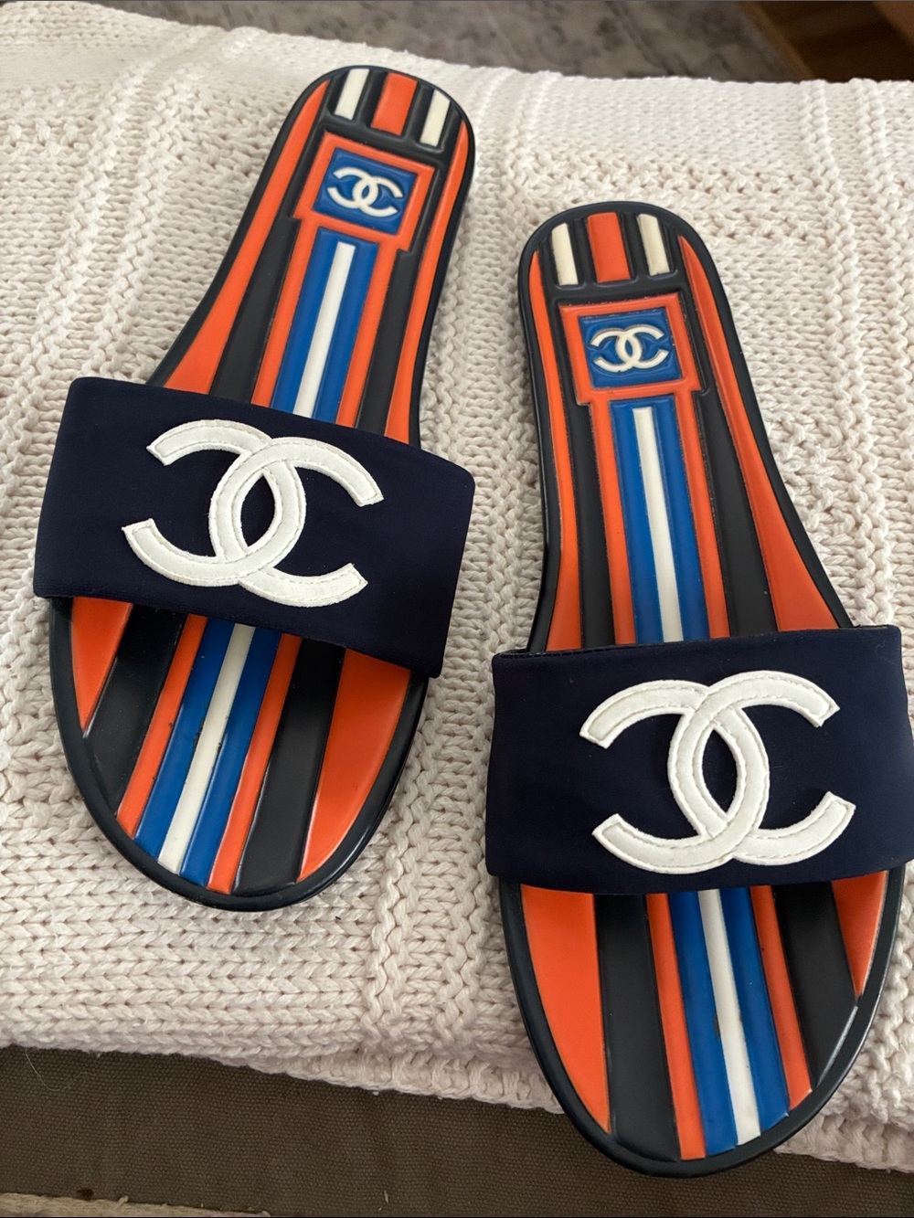 CHANEL Navy, Orange & Blue Logo Slide Sandals